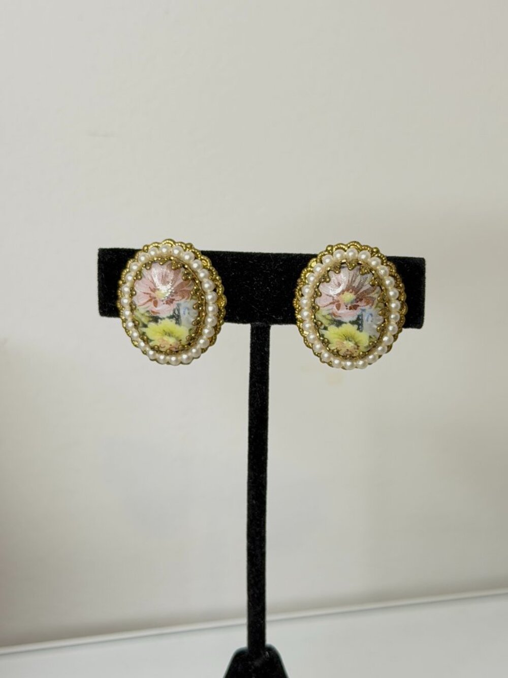 W. GERMANY Vintage Floral Clip-On Earrings w/ Pearl Gold Statement Jewelry